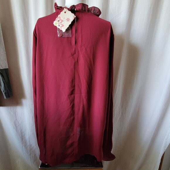 NEW Main Strip Boutique Blouse burgundy ruffle collar semi sheer Small & Large - Picture 3 of 13